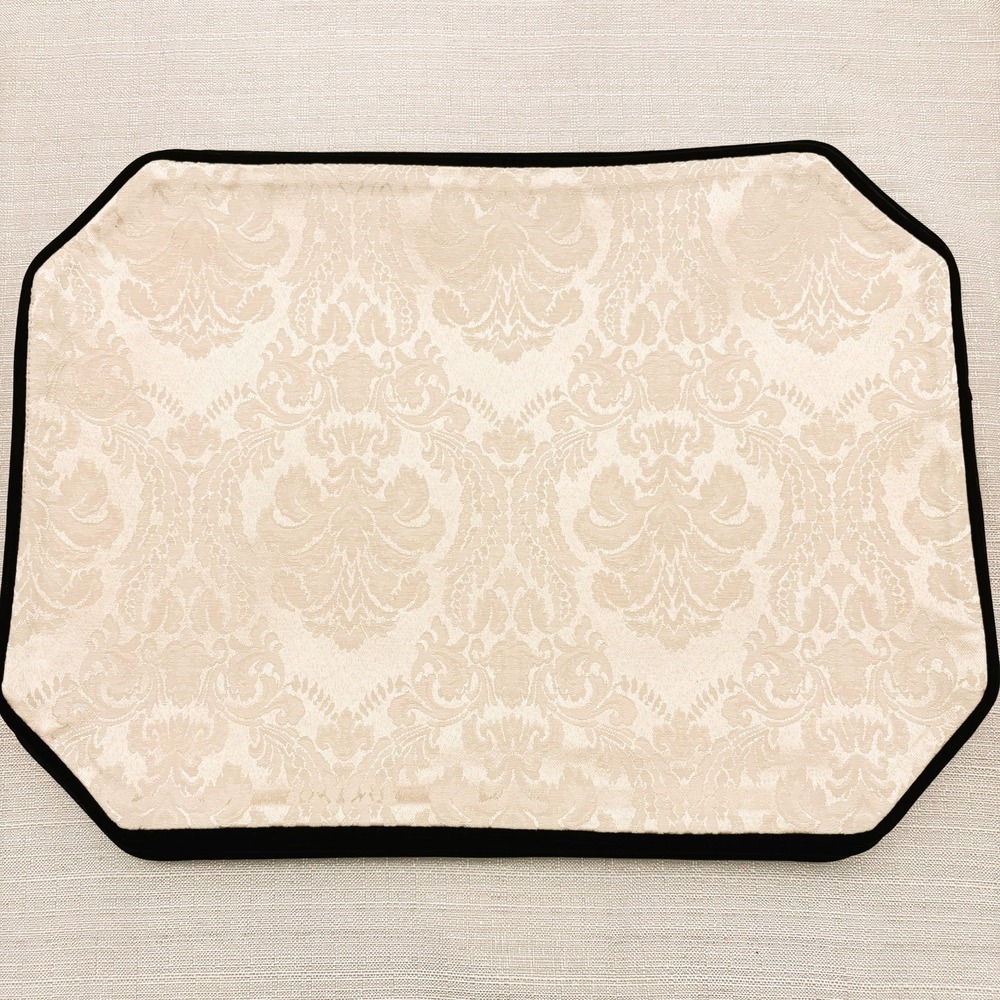 Vintage W-C Designs 1992 Ivory Damask Placemats Set 8 Velvet Trim 13x18